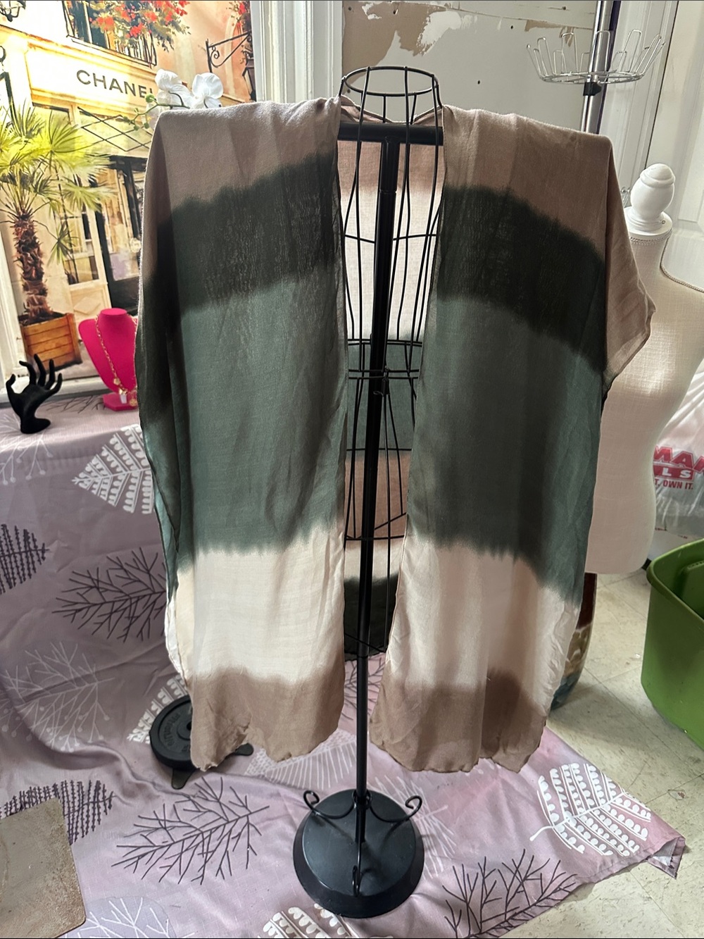 Tie-Dye Open Front Kimono Cardigan in Green and Cream - Brand cute dress up/down